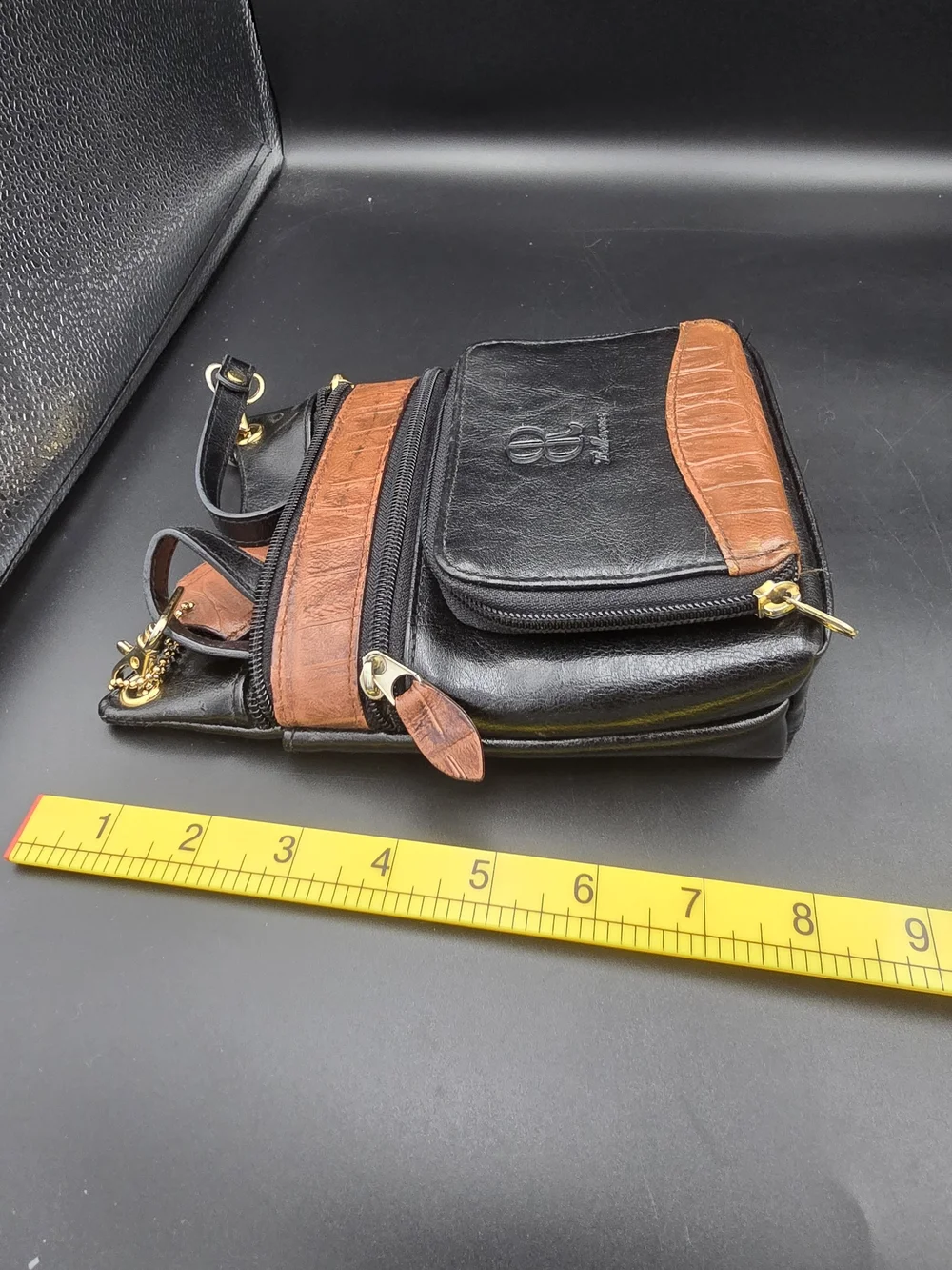 Two-Tone Black & Brown Crossbody Organizer with Gold Hardware